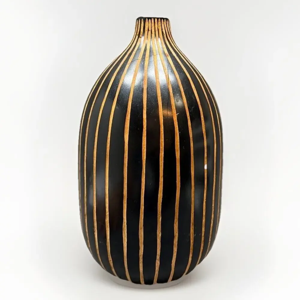 Vintage Wooden Decorative Vase Black Carved Thailand Cracks